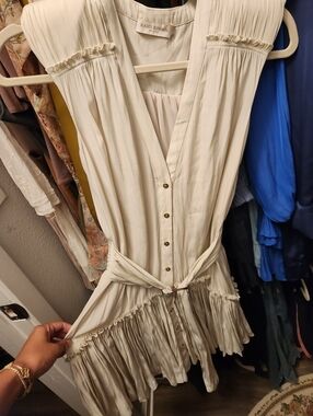 Ramy Brook Ivory Pleated V-Neck Button-Front Mini Dress
